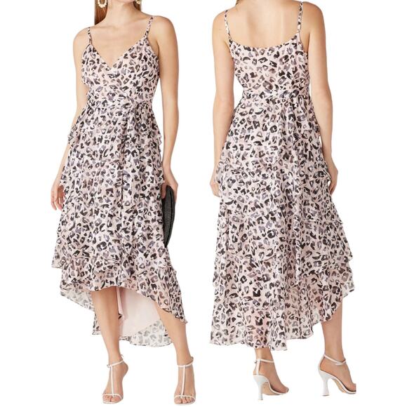 Hutch Elsa Pink Black Animal Print Ruffle Hem Crepe Wrap Dress Size Small - Picture 1 of 15